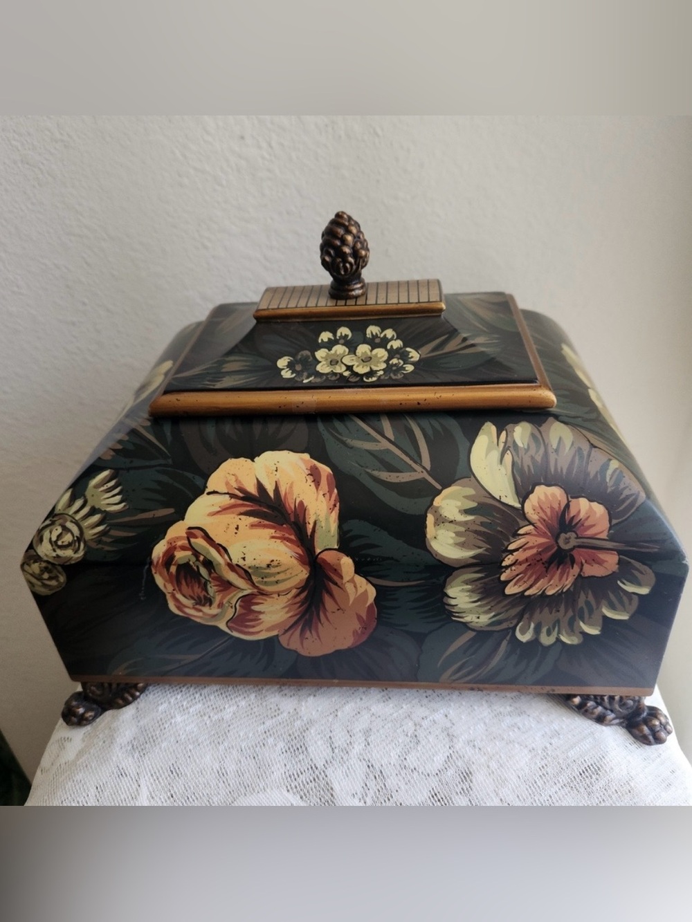 Wood Painted Black  with flowers &  Claw Footed Jewelry Storage  Box